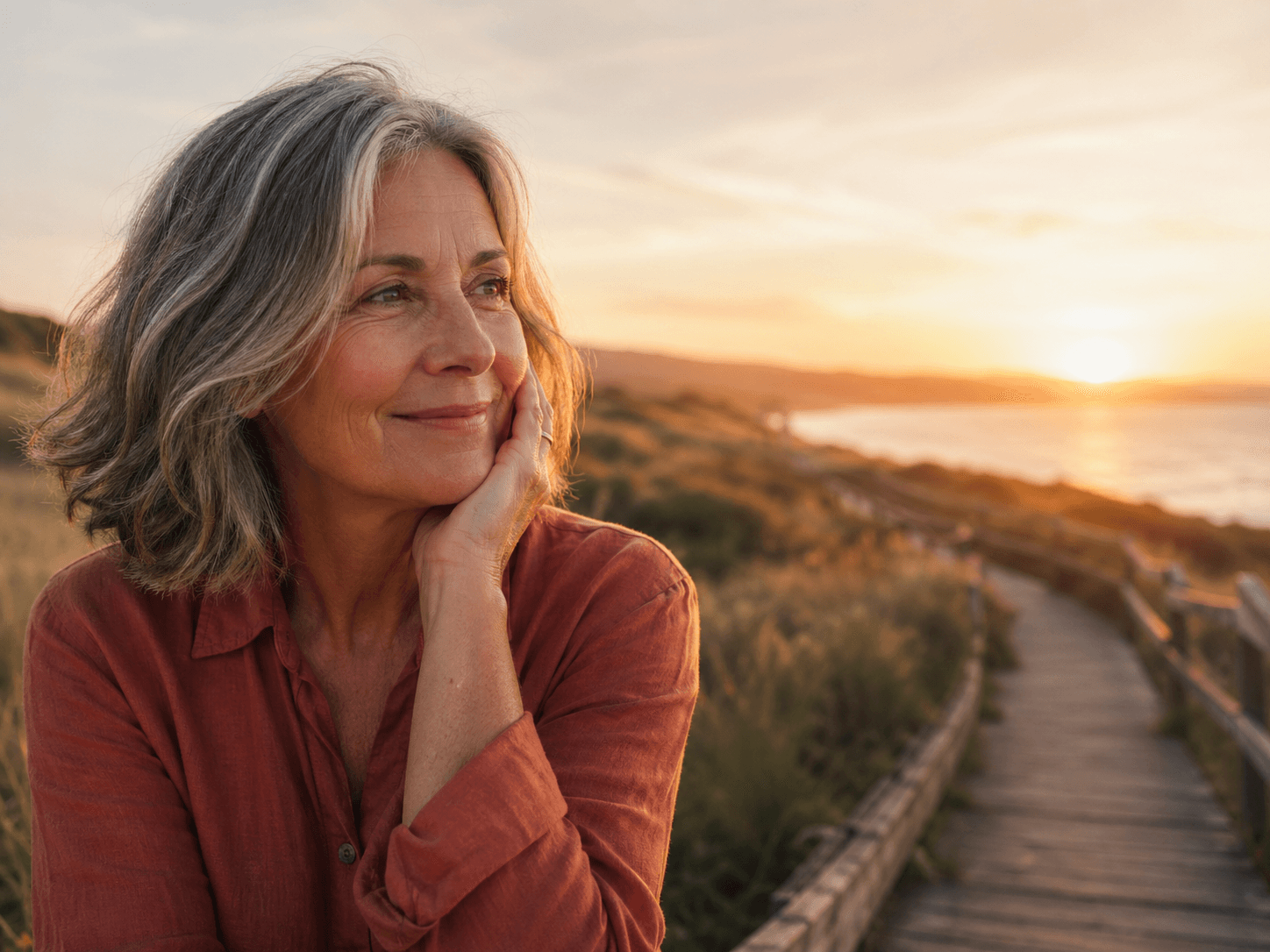 A woman in her late fifties on a coastal boardwalk at sunset, wearing a terracotta linen shirt
