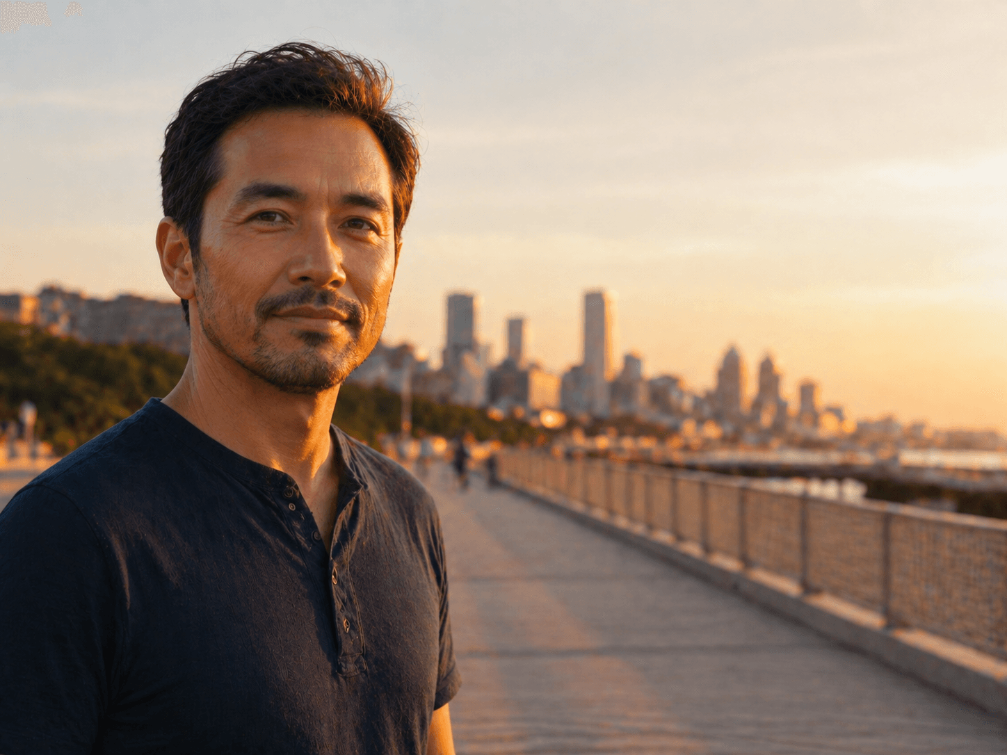 A man in his late forties on a riverside boardwalk at sunset, city skyline behind him