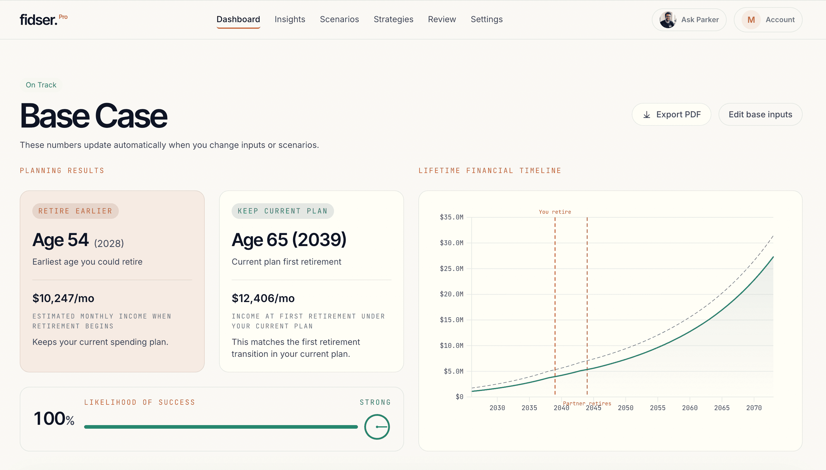 fidser. dashboard showing a Base Case retirement plan with earliest retirement age, projected income, and a 50-year financial timeline