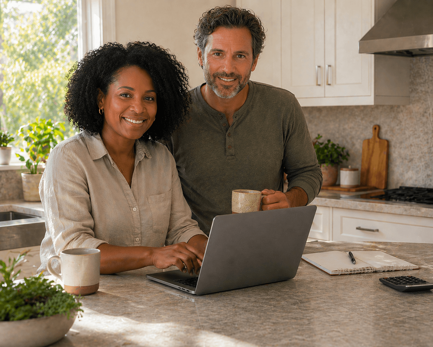 A couple in their fifties smiling at the camera while planning at a kitchen counter with a laptop