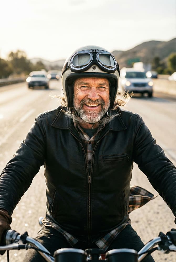 Retired man enjoying freedom on a motorbike